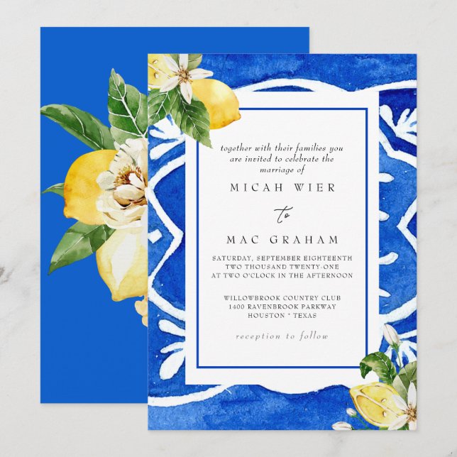 Invitación Elegante Floral Mediterránea Sin Padres Bodas En (Anverso / Reverso)