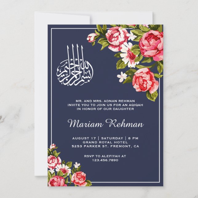 Invitación Elegante Floral Midnight Blue Baby Girl Aqiqah (Anverso)