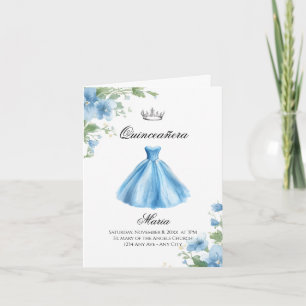 Invitación Elegante Floral Mínimo Azul Quinceañera Acuarela