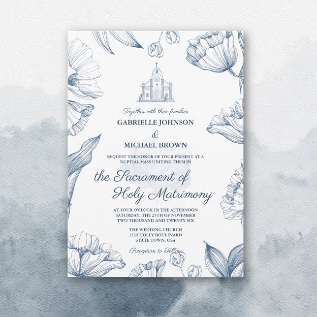 Invitación Elegante Floral Misa Nupcial de Iglesia Azul para  (Subido por el creador)