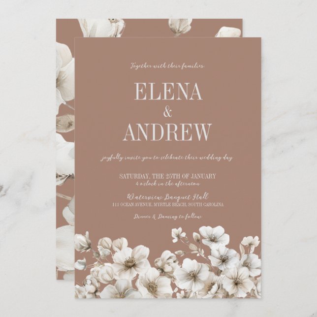 Invitación Elegante floral Mocha Brown y Boda Blanco (Anverso / Reverso)