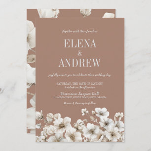 Invitación Elegante floral Mocha Brown y Boda Blanco