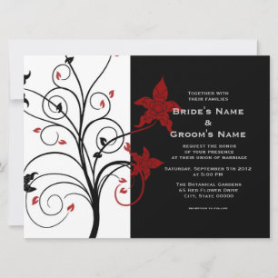Invitación Elegante floral moderna de matrimonio negro y rojo