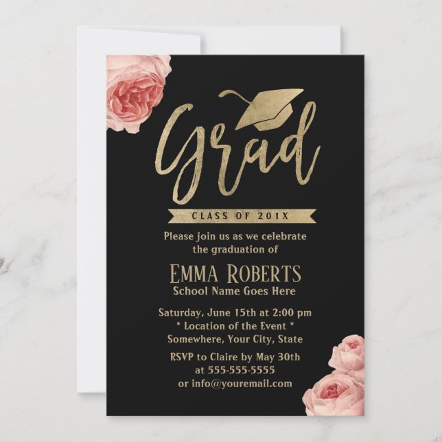 Invitación Elegante floral moderna fiesta de graduación de or (Anverso)