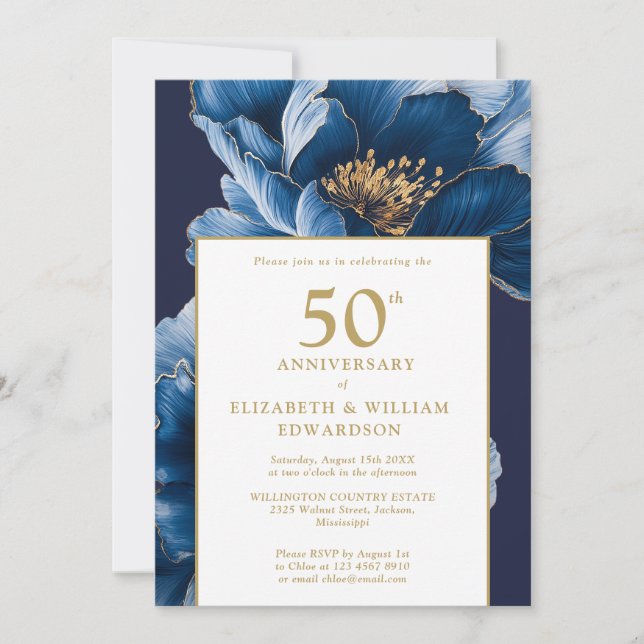 Invitación Elegante Floral Moderno Azul 50 Aniversario (Anverso)
