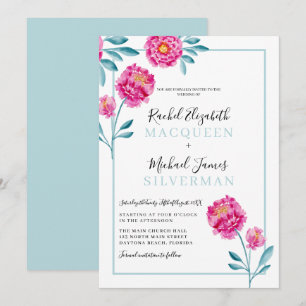 Invitación Elegante Floral Moderno Rosa Turquesa Boda con Bor