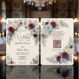 Invitación Elegante Floral Moderno Todo En Uno Código QR Boda