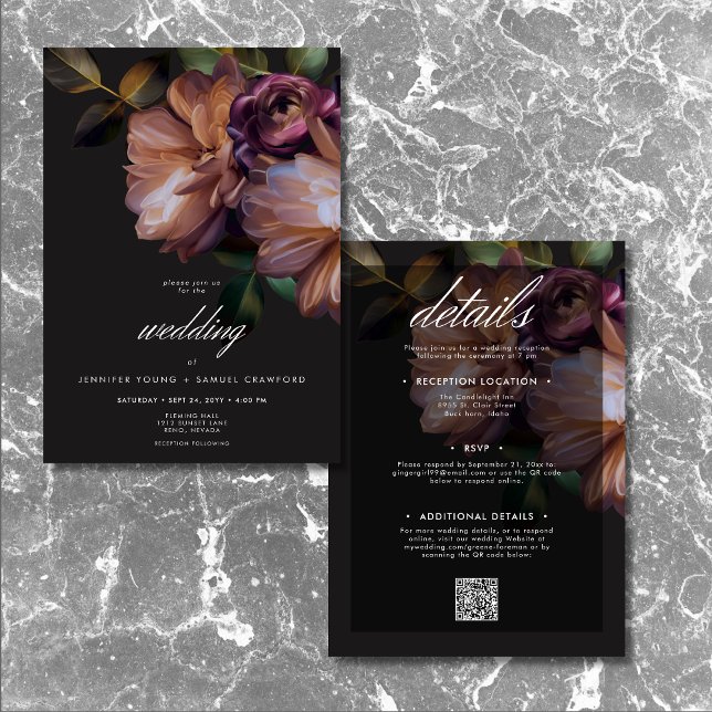 Invitación Elegante Floral Moody Negro de dos lados (Elegant Black Moody Floral Two Sided Invitation)