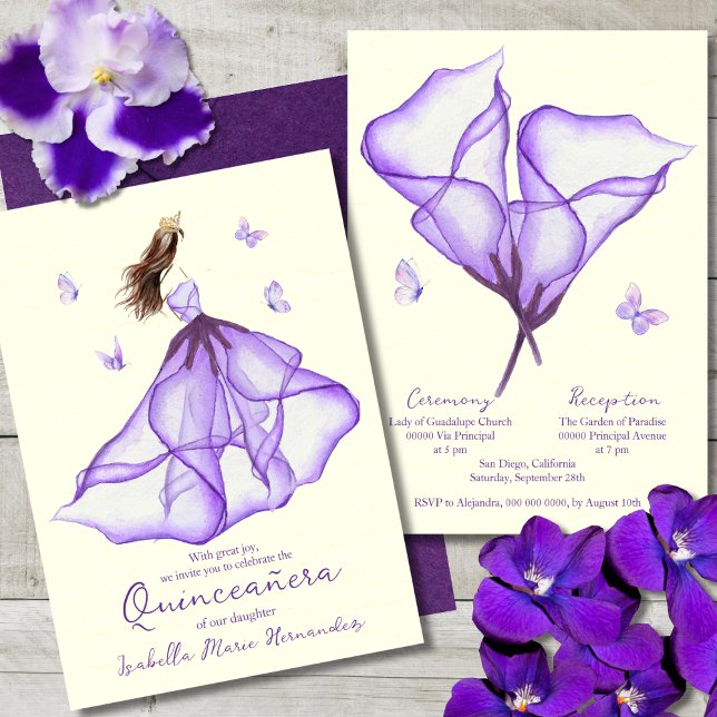 Invitación Elegante Floral Morado Lily Watercolor Quinceañera (Subido por el creador)
