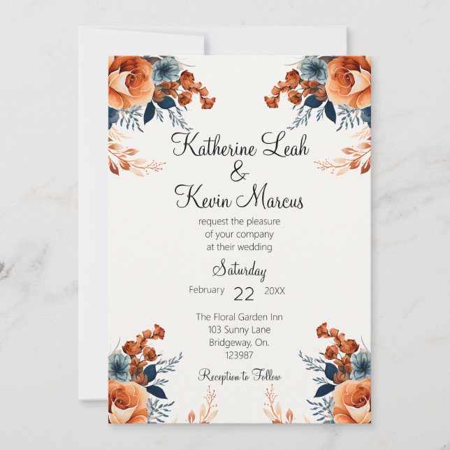 Invitación Elegante floral Naranja azul de la Marina (Anverso)