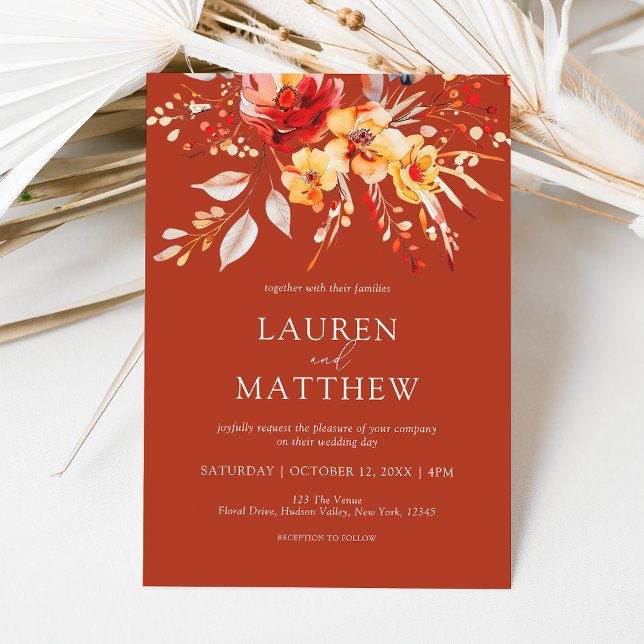Invitación Elegante floral Naranja de flores silvestres boda  (Elegant rustic terracotta floral fall wedding invitation)