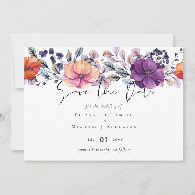 Invitación Elegante Floral Naranja Púrpura Boda (Anverso)