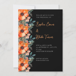 Invitación Elegante Floral Naranja y Verdor Boda Negra