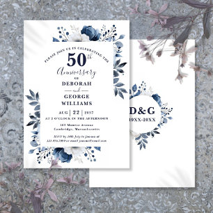 Invitación Elegante floral naval 50° aniversario Boda