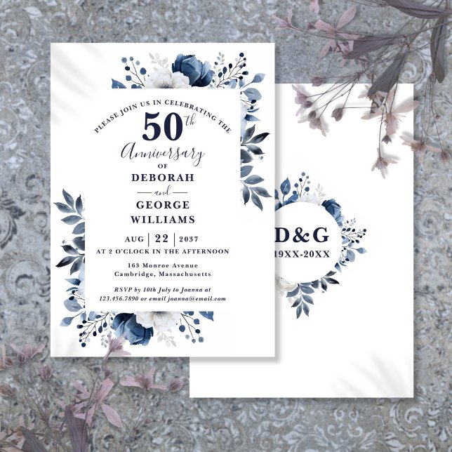 Invitación Elegante floral naval 50° aniversario Boda (Subido por el creador)
