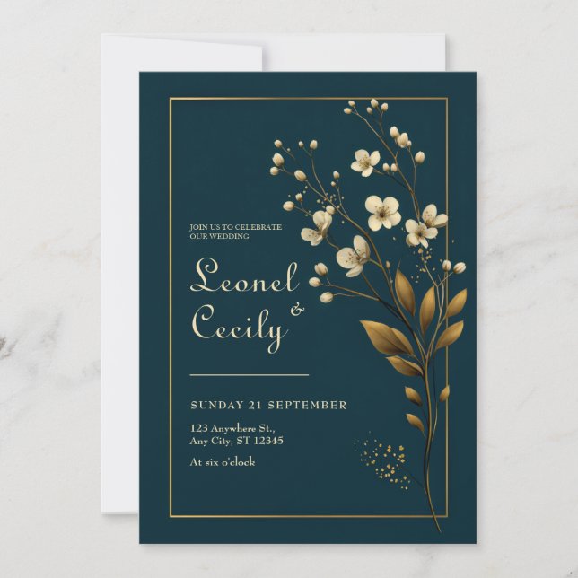 Invitación Elegante Floral Naval de Boda de Oro (Anverso)
