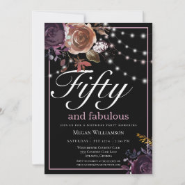 Invitación Elegante floral negra 50 y fabuloso cumpleaños