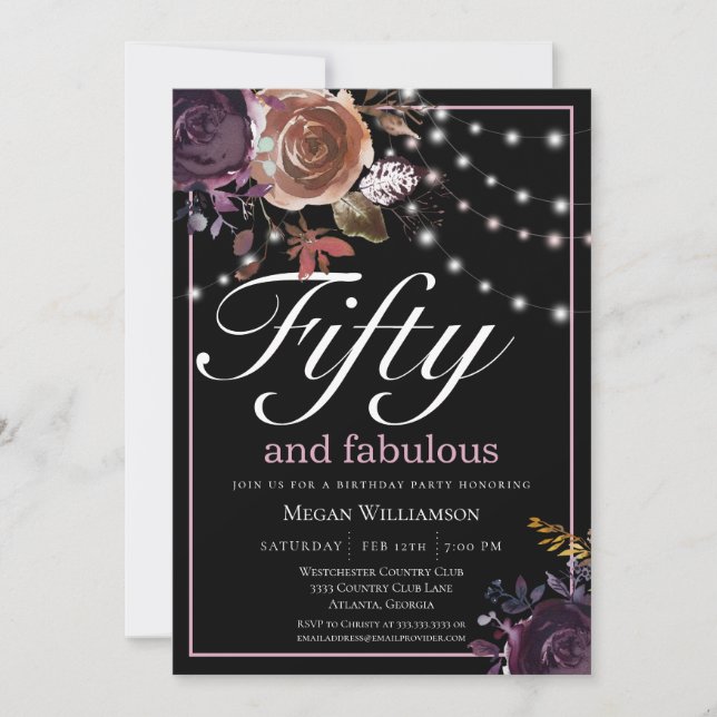 Invitación Elegante floral negra 50 y fabuloso cumpleaños (Anverso)