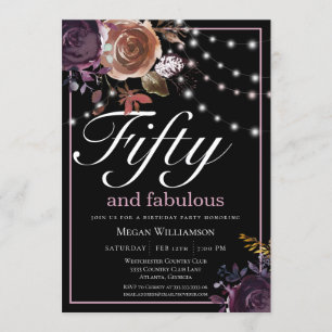 Invitación Elegante floral negra 50 y fabuloso cumpleaños
