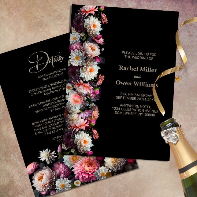 Invitación Elegante Floral Negra Todo En Un Boda (Subido por el creador)