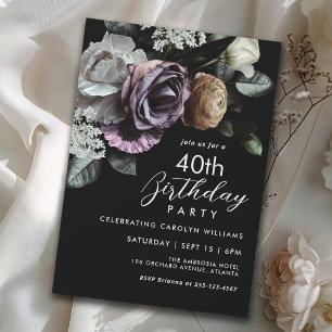 Invitación Elegante floral negra y púrpura 40 cumpleaños