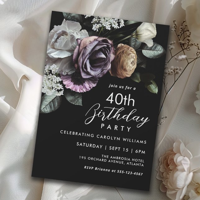 Invitación Elegante floral negra y púrpura 40 cumpleaños (Available in both printed and instant download digital formats.)