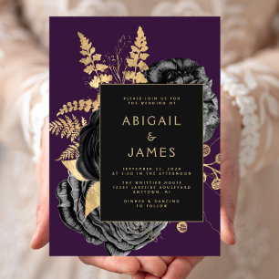 Invitación Elegante Floral Negro Dorado Púrpura Boda