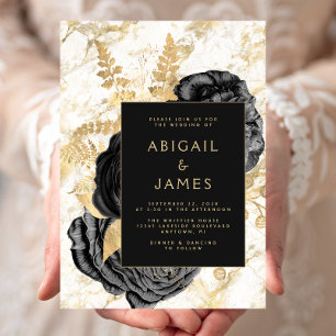 Invitación Elegante Floral Negro Mármol Blanco Boda