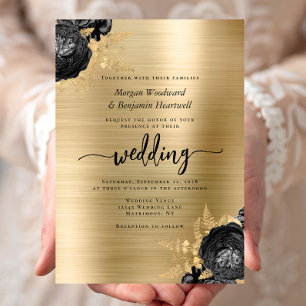 Invitación Elegante Floral Negro Metal Cepillado Dorado Boda