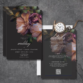 Invitación Elegante floral negro moreno todo en uno