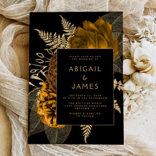 Invitación Elegante Floral Negro Naranja Quemado Boda Dorada