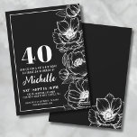 Invitación Elegante floral negro y blanco 40 cumpleaños<br><div class="desc">Presentamos una moda y una elegante invitación a la fiesta de cumpleaños número 40, perfecta para celebrar a los cuarenta años de edad con estilo. El diseño presenta un elegante fondo negro, creando un sofisticado estilo blanco y negro. Delicadas pinturas florales de anémona recorren el lado derecho, añadiendo un toque...</div>