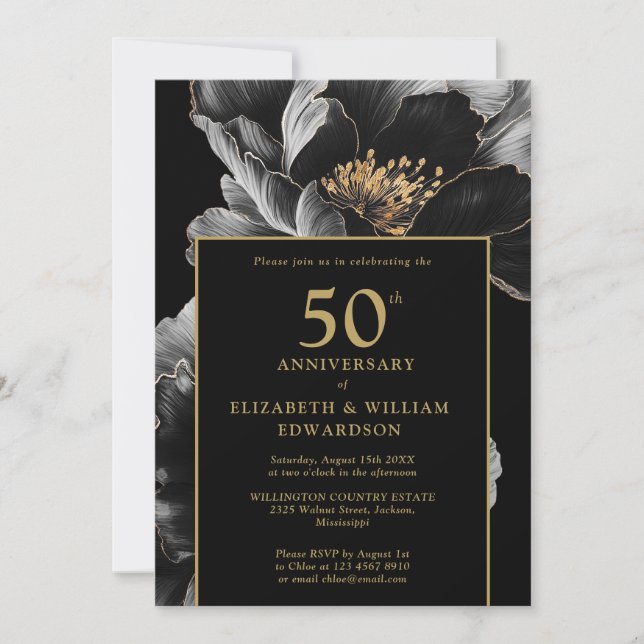 Invitación Elegante Floral Negro y Dorado 50 Aniversario (Anverso)