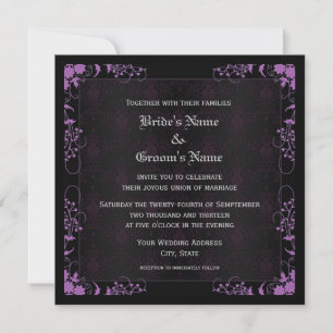 Invitación Elegante Floral Negro y Púrpura Damasco Boda