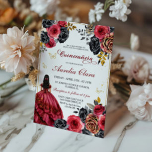 Invitación Elegante floral negro y quinceanera roja