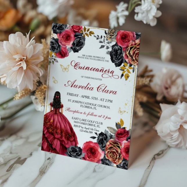 Invitación Elegante floral negro y quinceanera roja (Subido por el creador)