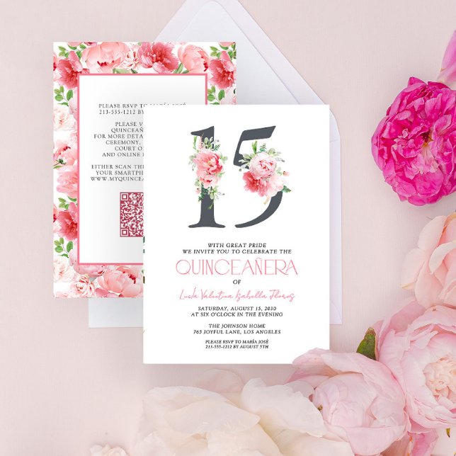 Invitación Elegante Floral Número 15 Rosa QR Quinceañera (Subido por el creador)