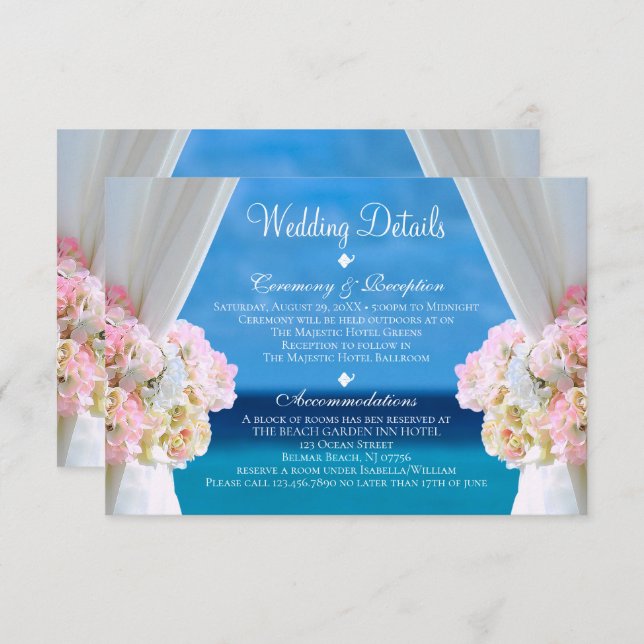 Invitación Elegante Floral Ocean Beach Wedding Detalles de la (Anverso / Reverso)