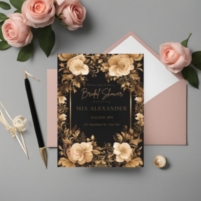 Invitación Elegante Floral: Opulenta ducha de novias negras y (Subido por el creador)