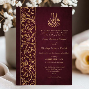Invitación Elegante Floral Ornata Boda Islámica Dorada y Burg