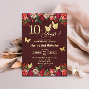 Invitación Elegante Floral Oro 10º Aniversario de Boda 