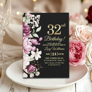 Invitación Elegante Floral Oro 32 Cumpleaños