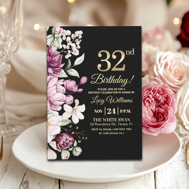 Invitación Elegante Floral Oro 32 Cumpleaños (Subido por el creador)