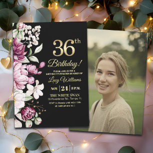 Invitación Elegante Floral Oro 36 Cumpleaños Foto