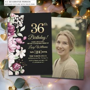 Invitación Elegante Floral Oro 36 Cumpleaños Foto