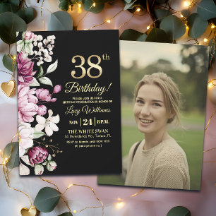 Invitación Elegante Floral Oro 38 Cumpleaños Foto