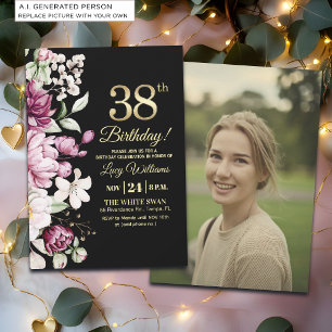 Invitación Elegante Floral Oro 38 Cumpleaños Foto