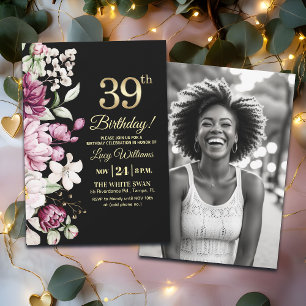 Invitación Elegante Floral Oro 39 Cumpleaños Foto