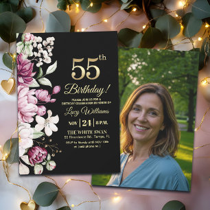 Invitación Elegante Floral Oro 55 Cumpleaños Foto