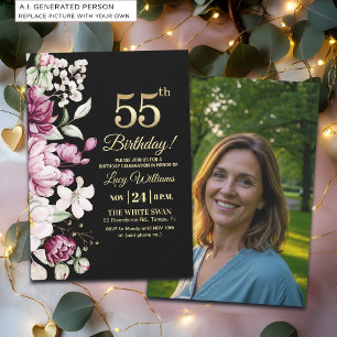 Invitación Elegante Floral Oro 55 Cumpleaños Foto